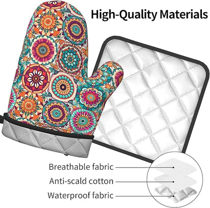 Boho Oven Mitts and Pot Holders - Mexican Flower Kitchen Mitt Sets of 2 Bohemian Oven Gloves Hot Pads for Cooking Baking Grilling - Image 4