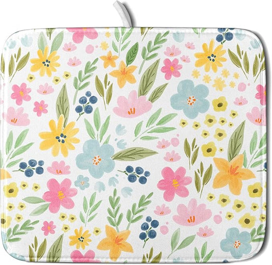 Spring Dish Drying Mat for Kitchen Counter Cute Floral Summer Holiday Microfiber Absorbent Dish Draining Reusable Washable Foldable 16"x18" by Unknown