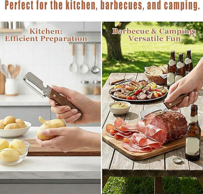 2 Pack 2 in 1 Multifunctional Vegetable Peeler, Sharp Stainless Steel Blade, Wooden Handle & Bottle Opener, Non-Slip Ergonomic Tool for Potato, Apple, Carrot, Pumpkin, Pineapple, Papaya, Zucchini - Image 4