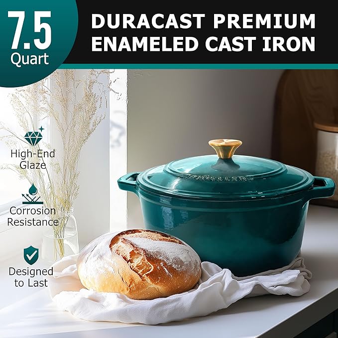MUELLER HOME 7.5 QT Enameled Cast Iron Dutch Oven, Heavy-Duty Casserole Dish and Braiser Pan with Lid and Stainless Knob, Oven-Safe up to 500° F & Across All Cooktops, Emerald - Image 2