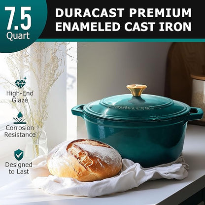 MUELLER HOME 7.5 QT Enameled Cast Iron Dutch Oven, Heavy-Duty Casserole Dish and Braiser Pan with Lid and Stainless Knob, Oven-Safe up to 500° F & Across All Cooktops, Emerald - Image 2