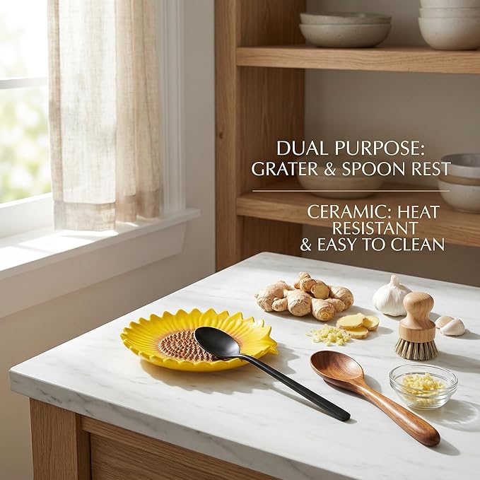 Sunflower-Shaped 2pcs Ceramic Grater Plate & Spoon Rest for Stove Top, 2-in-1 Ginger Garlic Grater with Spoon Holder, Multifunctional Kitchen Utensil Rest & Grater Dish, Farmhouse Kitchen Decor