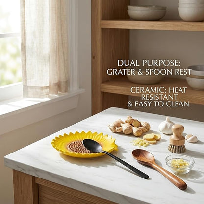 Sunflower-Shaped 2pcs Ceramic Grater Plate & Spoon Rest for Stove Top, 2-in-1 Ginger Garlic Grater with Spoon Holder, Multifunctional Kitchen Utensil Rest & Grater Dish, Farmhouse Kitchen Decor