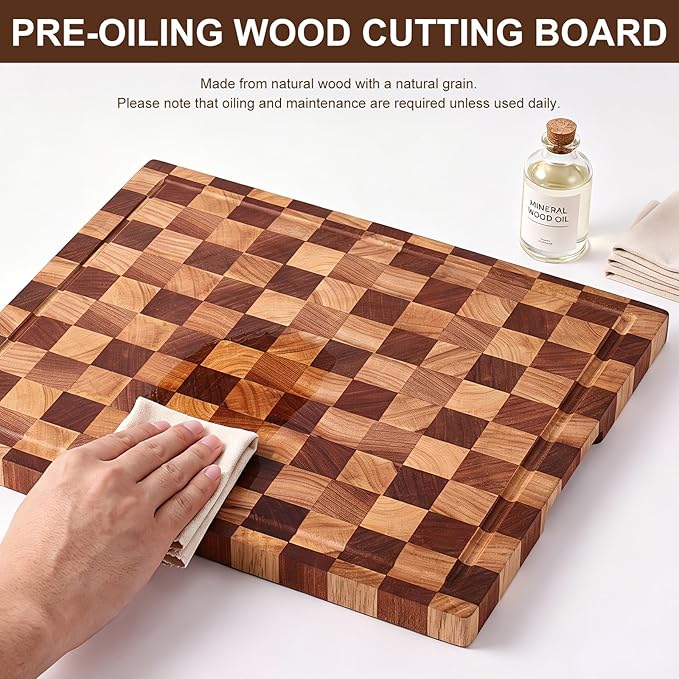 Checkered Cutting Board with Stand, Dual-Sided Wood Cutting Board with Juice Groove, 16.5x11.6 Inch Butcher Block Serving Tray, Chopping Board for Kitchen Gifts