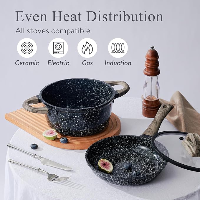 Ceramic Cookware Set 22 Piece Nonstick Pots and Pans Set Non Stick Kitchen Cooking Sets 8"Frying Pans with Lid,Black Granite Non-Toxic Induction Kitchen Cookware w/Glass Lids PFOS/PFOA-Free - Image 3