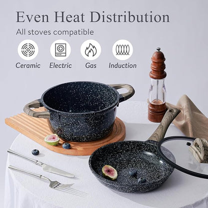 Ceramic Cookware Set 22 Piece Nonstick Pots and Pans Set Non Stick Kitchen Cooking Sets 8"Frying Pans with Lid,Black Granite Non-Toxic Induction Kitchen Cookware w/Glass Lids PFOS/PFOA-Free - Image 3