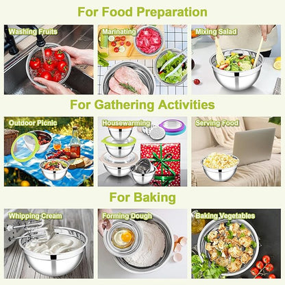 E-far Mixing Bowls with Lids Set of 5, Stainless Steel Salad Mixing Bowl with Transparent Lid, Metal Nesting Storage with 3 Graters for Kitchen Prepping/Serving/Baking, 4.6/2.6/1.5/1/0.7 QT - Colorful