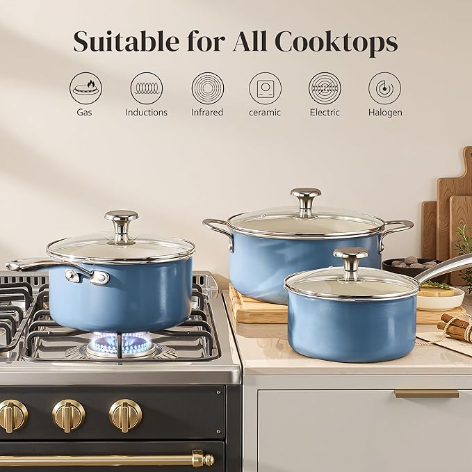 Redchef Non-stick Stock Pots Set 5QT, Sauce Pan with Lids(2.5QT, 3.5QT) Multifunctional Kitchen Cookware Sets, Non Toxic with Stay Cool Handle, PTFE & PFAS & PFOA Free, Dishwasher/Oven Safe (Blue) - Image 3