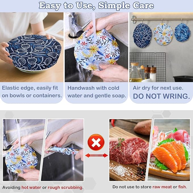 5-Size Reusable Beeswax Bowl Covers for Bread Proofing, Cotton Cloth Flexible Beeswax Wraps for Food Storage(Blue Floral) - Image 6