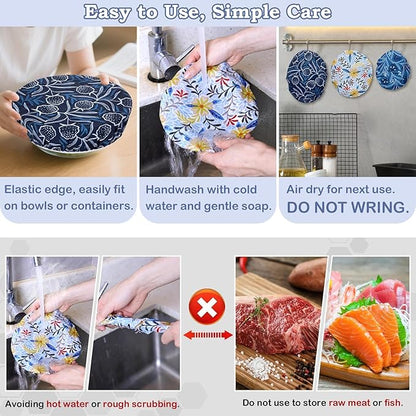 5-Size Reusable Beeswax Bowl Covers for Bread Proofing, Cotton Cloth Flexible Beeswax Wraps for Food Storage(Blue Floral) - Image 6