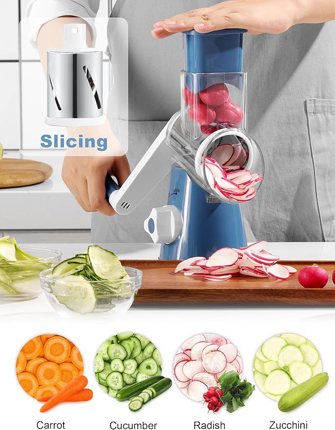 Cheese Grater Rotary, Rotary Grater for Kitchen, Kitchen Grater Vegetable Slicer with 3 Drum Blades, Fast Cutting Cheese Shredder for Vegetables and Nuts - Image 3