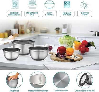 Belwares Mixing Bowls with Lids Set of 5 - Stainless Steel Mixing Bowl Set, Kitchen Nesting Metal Bowls with Non Slip Bottoms + 3 Grater Attachments, Airtight Lids, Food Prep + Storage, Matte Black - Image 5