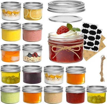 ComSaf Mini Mason Jars Bulk 4oz 16PCS, Regular Mouth Mason Jar with Lids and Seal Bands, Small Glass Canning Jar for Spice, Jam, Honey, Jelly, Dessert, Shower Wedding Favors, DIY Candles Decor - Image 9