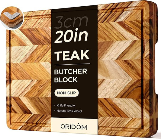 Teak Wood Cutting Board for Kitchen Extra 20'' Large End Grain Heavy Duty Checkered Wooden Cutting Board Non Toxic Herringbone Non Slip Charcuterie Butcher Block with Juice Groove & Handle Gift Box by oridom