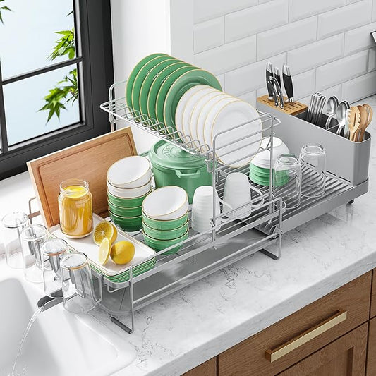Kitsure Large Dish Drying Rack - Extendable Dish Rack, Multifunctional Dish Rack for Kitchen Counter, Anti-Rust Dish Drainers with Cutlery & Cup Holders 19.2"-26.7" L x 12.9" W x 13.6", Grey by Kitsure