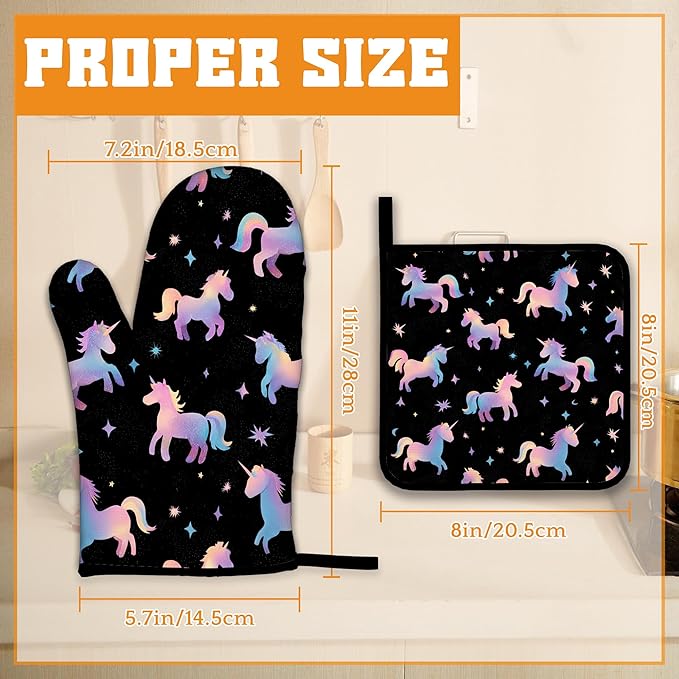 Cute Unicorn Pattern Oven Mitts and Pot Holders Set,Pink Kitchen Decor Heat Resistant Non Slip Hot Pads and Oven Mitt for Chef Cooking Baking BBQ Mom Girl Gifts(4 Piece Set)