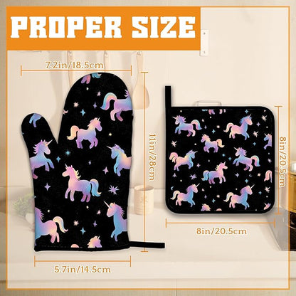 Cute Unicorn Pattern Oven Mitts and Pot Holders Set,Pink Kitchen Decor Heat Resistant Non Slip Hot Pads and Oven Mitt for Chef Cooking Baking BBQ Mom Girl Gifts(4 Piece Set)