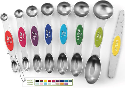 Spring Chef Stainless Steel Magnetic Measuring Spoons Set with Strong Magnets, Heavy Duty Metal Kitchen Essentials - Fits in Most Kitchen Spice Jars, Multicolor, Set of 8 with Leveler by SpringChef