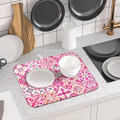 Pink Mexican Tiles Dish Drying Mat Absorbent Microfiber Dish Drying Pad for Kitchen Multi-use Large - Image 6