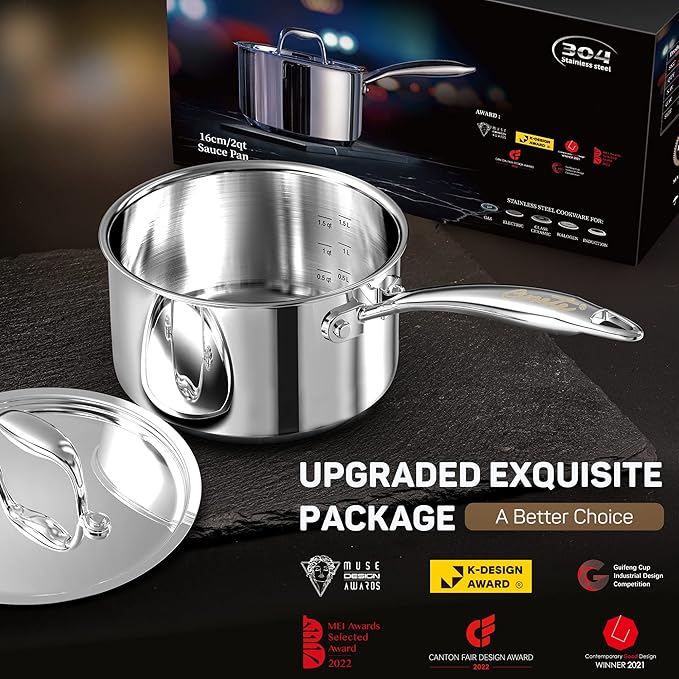 Ciwete 2 Quart Sauce Pan with Lid, Tri Ply Stainless Steel Saucepan 2 Qt with Stainless Steel Lid, 2 Measuring Lines, Upgraded Packaging, Cool Ergonomic Handle, Dishwasher & Oven Safe - Image 6