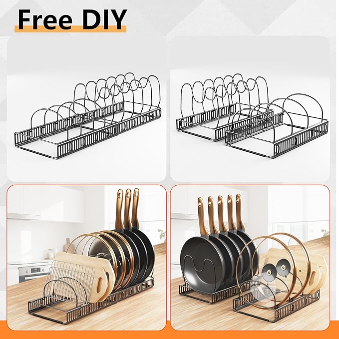 Pots and Pans Organizer Rack for Under Cabinet Expandable Pot Lid holders inside Organizer 10 Adjustable Divider Pan organizer 11.81''-22.85'' Pan lid organizer for cabinet Organizer for Bakeware - Image 4
