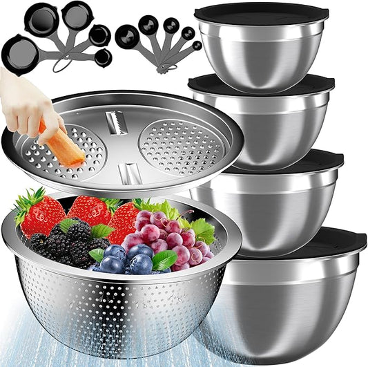 Nicdiet Mixing Bowls with Lids Set, 16PCS Stainless Steel Mixing Bowls,Nesting Storage Bowls for Kitchen with Mixing Bowl, Colander, Strainer & Grater, Metal Salad Bowl for Kitchen Gadgets, Black by AUFETQ