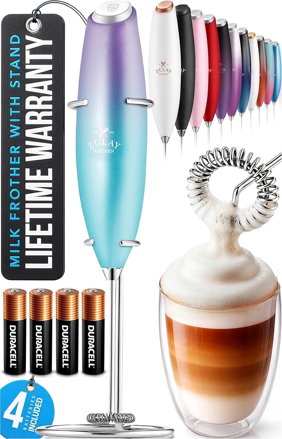 Zulay Kitchen Powerful Milk Frother Wand With 4 AA Duracell Batteries - Ultra Fast Handheld Drink Mixer - Electric Whisk Foam Maker for Coffee, Lattes, Cappuccino, Matcha & Creamer - Borealis by ZulayKitchen