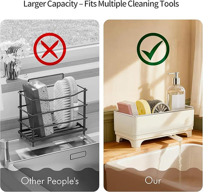 Sponge Holder for Kitchen Sink – Rustproof Stainless Steel, 360° Rotating Drain Pipe, Large Counter Organizer with Drip Tray for Sponges, Brushes & Dish Cloths Off-white - Image 4