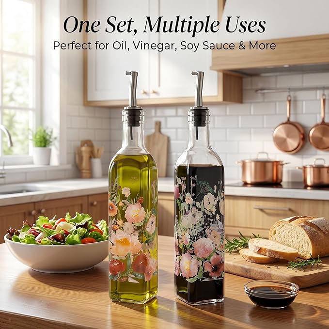 Topadorn 17 oz Olive Oil Dispenser Bottle Set for Kitchen, 2 Pcs Glass Oil Dispenser Bottle with Stainless Steel Pourers, 2 Packs of Napkins, Pink Flowers