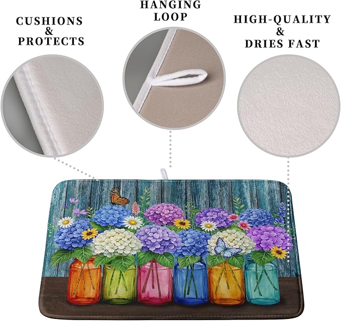 Hydrangea Dish Drying Mat Spring Summer Floral Jars Kitchen Drying Mats for Countertops Vintage Flower Vases Dish Draining Mat Microfiber Absorbent Dish Rack Pad 16x18 Inch - Image 3