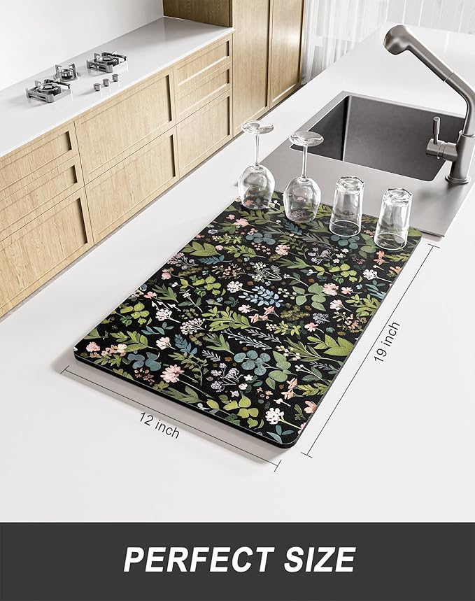 Rnivvi Dish Drying Mat for Kitchen Counter, 12 x 19" Cute Flower Theme Super Absorbent Draining Pad, Non-Slip Heat Resistant Coffee Bar Mat for Coffee Machine Station Accessories, Black Dish Rack Pad - Image 2