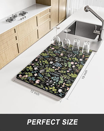 Rnivvi Dish Drying Mat for Kitchen Counter, 12 x 19" Cute Flower Theme Super Absorbent Draining Pad, Non-Slip Heat Resistant Coffee Bar Mat for Coffee Machine Station Accessories, Black Dish Rack Pad - Image 2
