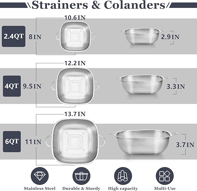 E-far 3 Pack Colander for Kitchen, Square Stainless Steel Metal Strainer Colander with Handle for Draining Food Pasta Vegetable, Micro-Perforated & Elevated Feet, Dishwasher Safe(2.4/4/6QT) - Image 2
