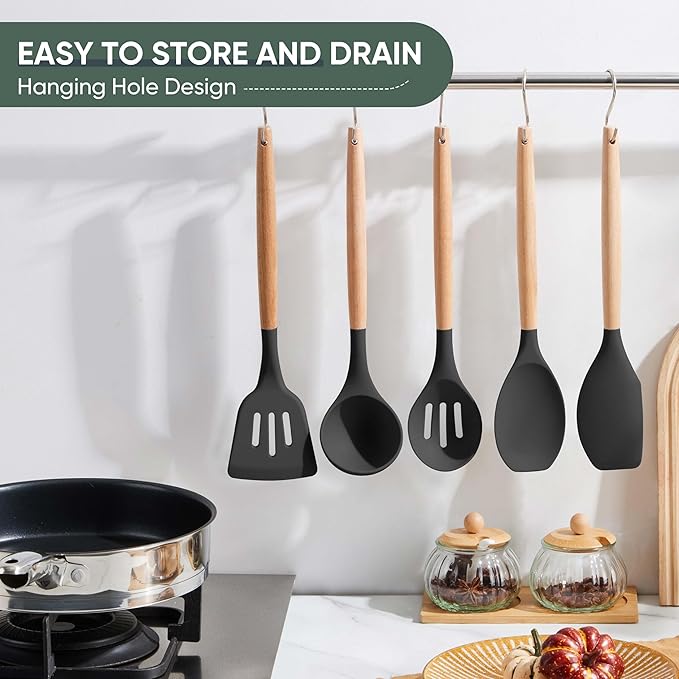 Herogo 5-Piece Cooking Utensils Set, Silicone Kitchen Utensils Set with Wooden Handle, Heat Resistant Cooking Tools Slotted Turner, Spoon, Soup Ladle, Spatula, Spoonula for Nonstick Cookware, Grey - Image 6