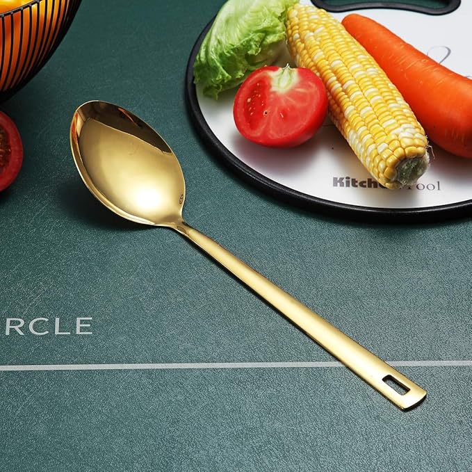Berglander Gold Cooking Spoon, Stainless Steel Solid Serving Spoon Titanium Gold Plating, Basting Kitchen Spoon For Cooking, Dishwasher Safe, Easy to Clean - Image 2