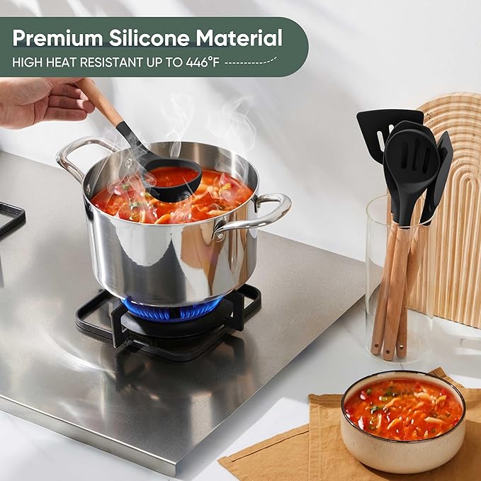 Herogo 5-Piece Cooking Utensils Set, Silicone Kitchen Utensils Set with Wooden Handle, Heat Resistant Cooking Tools Slotted Turner, Spoon, Soup Ladle, Spatula, Spoonula for Nonstick Cookware, Grey - Image 7