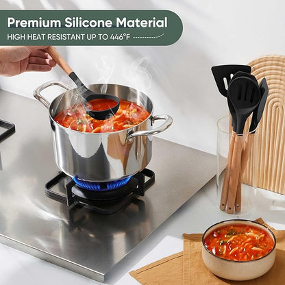 Herogo 5-Piece Cooking Utensils Set, Silicone Kitchen Utensils Set with Wooden Handle, Heat Resistant Cooking Tools Slotted Turner, Spoon, Soup Ladle, Spatula, Spoonula for Nonstick Cookware, Grey - Image 7