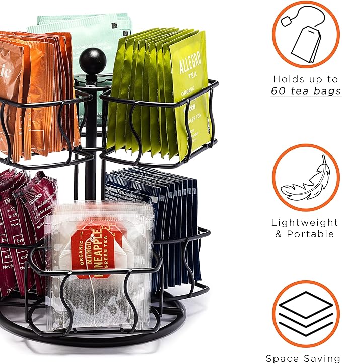 Sorbus Tea Bag Spinning Carousel - Tea Caddy Organizer for Countertop - Matcha Station Accessories - 2 Tier Revolving Storage for Pantry - Holds Up to 60 Large Tea Bags - Image 5