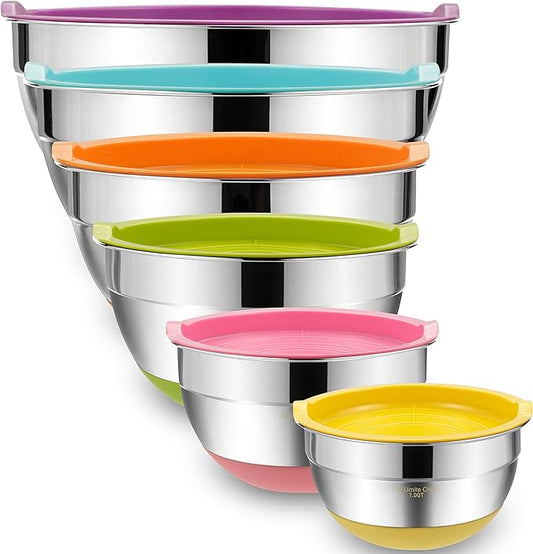 Umite Chef Mixing Bowls with Airtight Lids, 6 Piece Stainless Steel Metal Bowls, Measurement Marks & Colorful Non-Slip Bottoms Size 7, 3.5, 2.5, 2.0,1.5, 1QT, Great for Mixing & Serving by UmiteChef