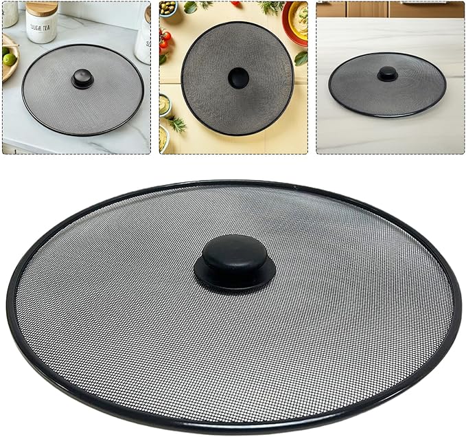 Amosfun Stainless Steel Mesh Splatter Guard Pan Lid Splatter Screen Cover With Knob Handle for Frying Pan Skillet Diameter 13 Inch