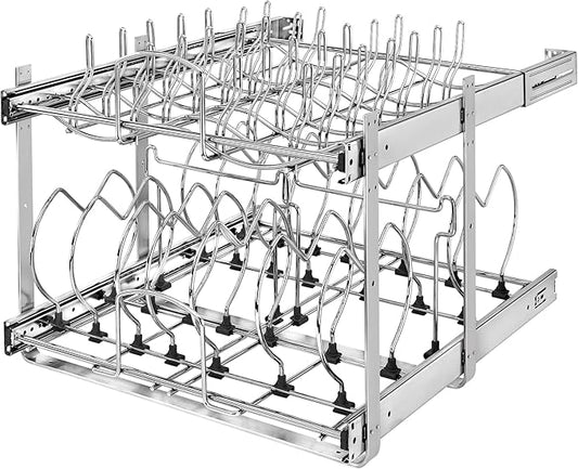 Rev-A-Shelf 2-Tier Kitchen Cabinet Pullout 20.75" Cabinet Organizer for Pots, Pans, and Lid Cookware, Adjustable Heavy Duty Wire, Chrome, 5CW2-2122-CR