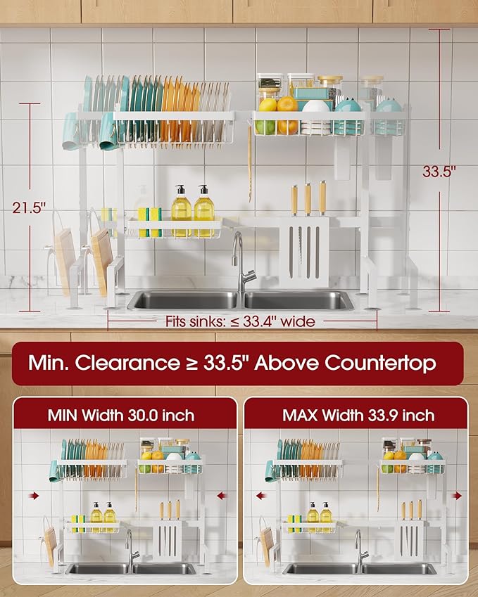 Sakugi Over The Sink Dish Drying Rack - Adjustable 2 Tier Large Capacity Stainless Steel Drainer with Cutlery & Utensil Holders, Kitchen Storage & Organization, 30"-33.9" L x 11" W x 21.5" H, White - Image 5