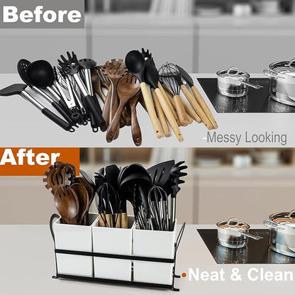 Czlizdyt Large Kitchen Utensil Holder, Drainage Utensil Caddy for Countertop, 3pcs Bins Set Cooking Utensil Organizer for Spoons, Spatulas, White - Image 6