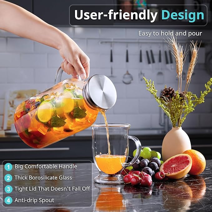 Bivvclaz 3 Liter 101 oz Glass Pitcher with Lid and Handle, Water Pitcher for Fridge, Glass Carafe for Hot/Cold Water, Large Iced Tea Jug for Coffee, Juice and Homemade Beverage - Image 3