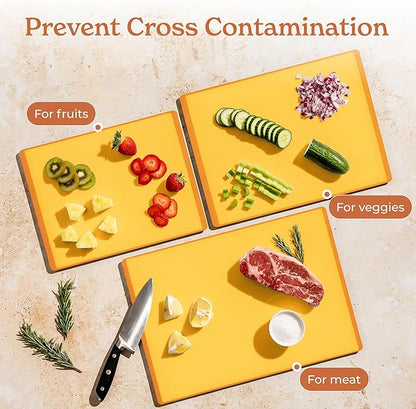 SMIRLY Plastic Cutting Board Set with Holder 3 Pieces, Non-Slip Dishwasher Safe Chopping Boards for Kitchen, Yellow - Image 5