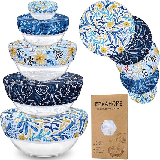 5-Size Reusable Beeswax Bowl Covers for Bread Proofing, Cotton Cloth Flexible Beeswax Wraps for Food Storage(Blue Floral) by Revahope