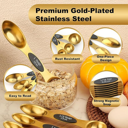 Gold Magnetic Measuring Spoons Set Stainless Steel with Leveler, Dual-Sided Stackable Metal Measuring Spoons for Baking & Cooking, Fits in Spice Jars, Heavy Duty Kitchen Gadgets, 8 Spoons & 1 Leveler - Image 3