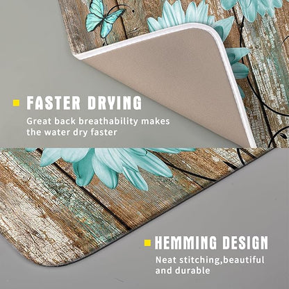Giwawa Rustic Daisy Dish Drying Mat for Kitchen Countertop 16x18 inch Fall Teal Sunflowers on Wooden Board Dish Drainer Mats Fast Drying Country Vintage Shabby Chic Flower Dish Drying Pad Cabin Decor