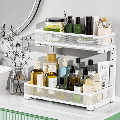 Under Sink Organizer, High Adjustable 2 Tier Under Sink Organizers and Storage, Slide out Metal Cabinet Organizers, Pull out Storage Drawer Shelf for Kitchen Bathroom Cabinet (1, White)
