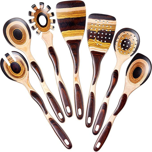 7Pcs Pakkawood Kitchen Utensils Set for Cooking, Wooden Spoons for Cooking, Safe Eco-Friendly, Non-Stick, Wooden Utensil for Cooking,Wooden Cookware Set, Housewarming Kitchen Gifts, Brown